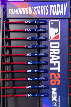 Ceremonial baseball bats displayed for the the first round picks of the MLB, Baseball Herren, USA baseball draft, Saturday, July 11, 2026, in Philadelphia, Pennsylvania.  PHI20260711006 LaurencexKesterson