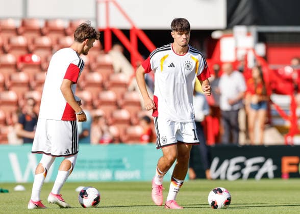 Wrexham, Wales, 11th July 2026. Mirza Catovic of Germany warms up ahead of the Spain U19 vs Germany U19 UEFA European U19 Championship Final match at The Racecourse, Wrexham. Picture credit should read: Cody Froggatt Sportimage EDITORIAL USE ONLY. No use with unauthorised audio, video, data, fixture lists, club league logos or live services. Online in-match use limited to 120 images, no video emulation. No use in betting, games or single club league player publications. SPI_011_CF_SPAIN_U19_V_GERMANY_U19_FINAL SPI-4858-0011