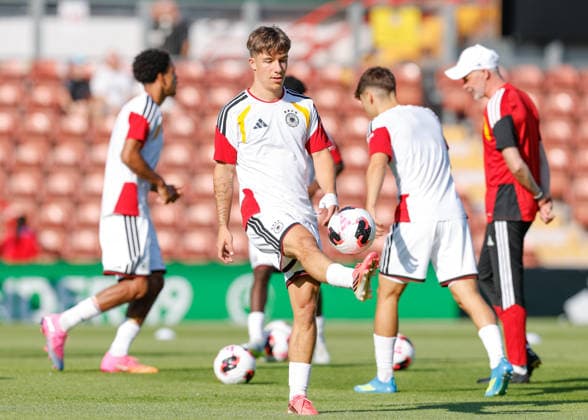 Wrexham, Wales, 11th July 2026. Moritz Reimers of Germany warms up ahead of the Spain U19 vs Germany U19 UEFA European U19 Championship Final match at The Racecourse, Wrexham. Picture credit should read: Cody Froggatt Sportimage EDITORIAL USE ONLY. No use with unauthorised audio, video, data, fixture lists, club league logos or live services. Online in-match use limited to 120 images, no video emulation. No use in betting, games or single club league player publications. SPI_012_CF_SPAIN_U19_V_GERMANY_U19_FINAL SPI-4858-0012