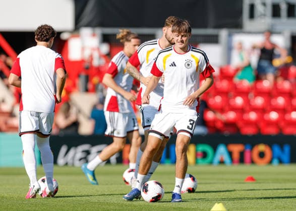Wrexham, Wales, 11th July 2026. Kacper Koscierski of Germany warms up ahead of the Spain U19 vs Germany U19 UEFA European U19 Championship Final match at The Racecourse, Wrexham. Picture credit should read: Cody Froggatt Sportimage EDITORIAL USE ONLY. No use with unauthorised audio, video, data, fixture lists, club league logos or live services. Online in-match use limited to 120 images, no video emulation. No use in betting, games or single club league player publications. SPI_014_CF_SPAIN_U19_V_GERMANY_U19_FINAL SPI-4858-0014