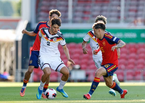 Wrexham, Wales, 11th July 2026. Rafael Pinto Pedrosa of Germany breaks forwards with the ball during the Spain U19 vs Germany U19 UEFA European U19 Championship Final match at The Racecourse, Wrexham. Picture credit should read: Cody Froggatt Sportimage EDITORIAL USE ONLY. No use with unauthorised audio, video, data, fixture lists, club league logos or live services. Online in-match use limited to 120 images, no video emulation. No use in betting, games or single club league player publications. SPI_019_CF_SPAIN_U19_V_GERMANY_U19_FINAL SPI-4858-0019