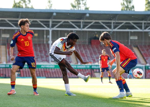 Wrexham, Wales, 11th July 2026. Boris Mamuzah Lum of Germany crosses the ball during the Spain U19 vs Germany U19 UEFA European U19 Championship Final match at The Racecourse, Wrexham. Picture credit should read: Cody Froggatt Sportimage EDITORIAL USE ONLY. No use with unauthorised audio, video, data, fixture lists, club league logos or live services. Online in-match use limited to 120 images, no video emulation. No use in betting, games or single club league player publications. SPI_023_CF_SPAIN_U19_V_GERMANY_U19_FINAL SPI-4858-0023