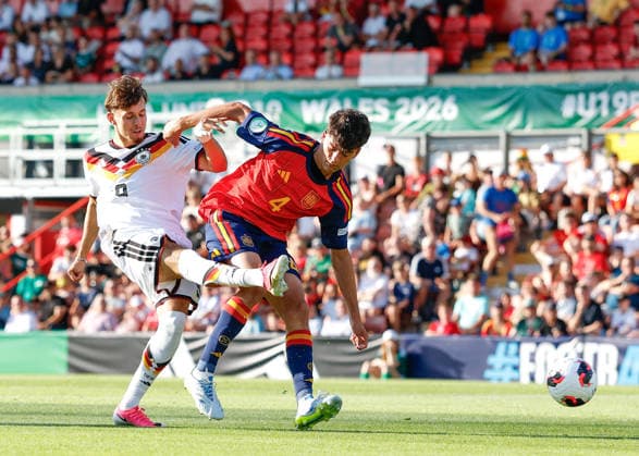 Wrexham, Wales, 11th July 2026. Otto Stange of Germany shoots towards goal during the Spain U19 vs Germany U19 UEFA European U19 Championship Final match at The Racecourse, Wrexham. Picture credit should read: Cody Froggatt Sportimage EDITORIAL USE ONLY. No use with unauthorised audio, video, data, fixture lists, club league logos or live services. Online in-match use limited to 120 images, no video emulation. No use in betting, games or single club league player publications. SPI_024_CF_SPAIN_U19_V_GERMANY_U19_FINAL SPI-4858-0024