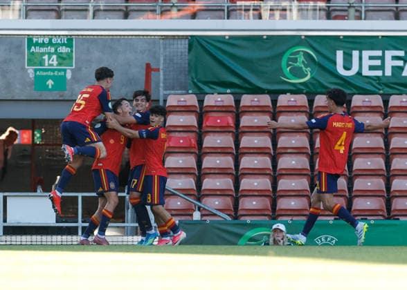 Wrexham, Wales, 11th July 2026. Hugo Lopez of Spain celebrates scoring their sides first goal during the Spain U19 vs Germany U19 UEFA European U19 Championship Final match at The Racecourse, Wrexham. Picture credit should read: Cody Froggatt Sportimage EDITORIAL USE ONLY. No use with unauthorised audio, video, data, fixture lists, club league logos or live services. Online in-match use limited to 120 images, no video emulation. No use in betting, games or single club league player publications. SPI_028_CF_SPAIN_U19_V_GERMANY_U19_FINAL SPI-4858-0028
