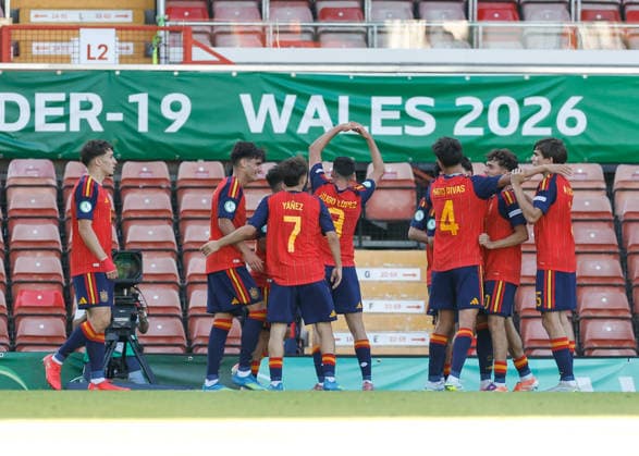 Wrexham, Wales, 11th July 2026. Hugo Lopez of Spain celebrates scoring their sides first goal during the Spain U19 vs Germany U19 UEFA European U19 Championship Final match at The Racecourse, Wrexham. Picture credit should read: Cody Froggatt Sportimage EDITORIAL USE ONLY. No use with unauthorised audio, video, data, fixture lists, club league logos or live services. Online in-match use limited to 120 images, no video emulation. No use in betting, games or single club league player publications. SPI_030_CF_SPAIN_U19_V_GERMANY_U19_FINAL SPI-4858-0030