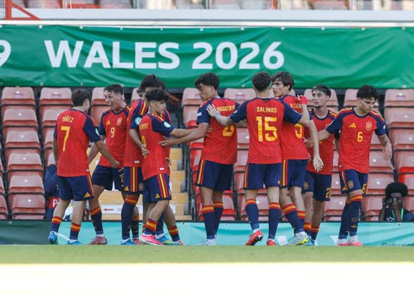 Wrexham, Wales, 11th July 2026. Hugo Lopez of Spain celebrates scoring their sides first goal during the Spain U19 vs Germany U19 UEFA European U19 Championship Final match at The Racecourse, Wrexham. Picture credit should read: Cody Froggatt Sportimage EDITORIAL USE ONLY. No use with unauthorised audio, video, data, fixture lists, club league logos or live services. Online in-match use limited to 120 images, no video emulation. No use in betting, games or single club league player publications. SPI_031_CF_SPAIN_U19_V_GERMANY_U19_FINAL SPI-4858-0031