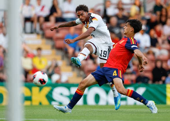 Wrexham, Wales, 11th July 2026. Jykese Fields of Germany shoots towards goal during the Spain U19 vs Germany U19 UEFA European U19 Championship Final match at The Racecourse, Wrexham. Picture credit should read: Cody Froggatt Sportimage EDITORIAL USE ONLY. No use with unauthorised audio, video, data, fixture lists, club league logos or live services. Online in-match use limited to 120 images, no video emulation. No use in betting, games or single club league player publications. SPI_042_CF_SPAIN_U19_V_GERMANY_U19_FINAL SPI-4858-0042