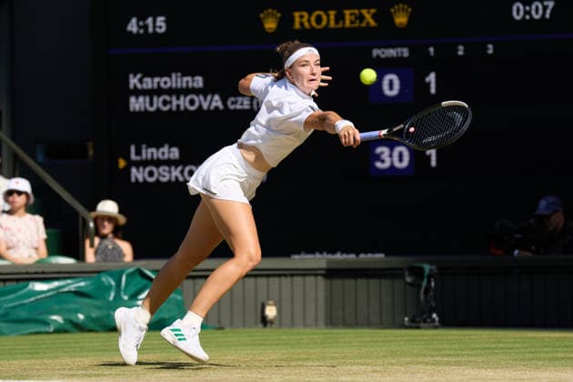 2026 Wimbledon, July 11, Ladies Final LONDON, - JULY 11: Karolina Muchova of the Czech Republic plays a shot against Linda Noskova of the Czech Republic during the 2026 Wimbledon, July 11, Ladies Final at The all England club, Wimbledon on July 11, 2026 in London, GBR. London The all England club, Wimbledon GBR Copyright: xPeterxvanxdenxBerg ISIxPhotosx 9498