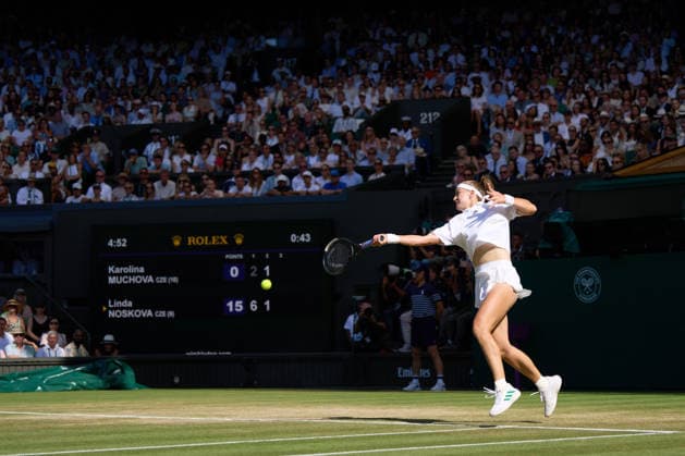 2026 Wimbledon, July 11, Ladies Final LONDON, - JULY 11: Karolina Muchova of the Czech Republic plays a shot against Linda Noskova of the Czech Republic during the 2026 Wimbledon, July 11, Ladies Final at The all England club, Wimbledon on July 11, 2026 in London, GBR. London The all England club, Wimbledon GBR Copyright: xPeterxvanxdenxBerg ISIxPhotosx 9498
