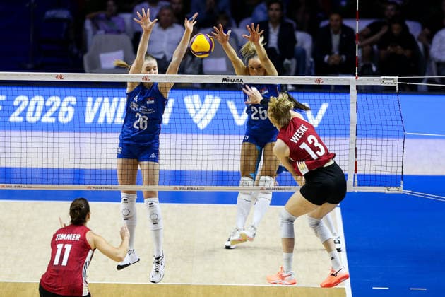 Serbia v Germany - Women s Volleyball Nations League BELGRADE, SERBIA - JULY 11: M. Kirov (26) of Serbia in action against E. Weske (13) of Germany during the 2026 FIVB Volleyball Women s Nations League match between the Serbia and Germany in Belgrade, Serbia, on July 11, 2026. Filip Stevanovic Anadolu Belgrade Serbia. Editorial use only. Please get in touch for any other usage.  Copyright: x2026xAnadoluxFilipxStevanovicx