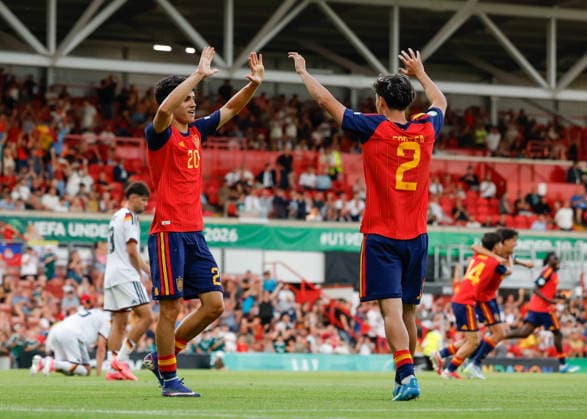Wrexham, Wales, 11th July 2026. Andres Antanon (left) and Jesus Fortea (right) of Spain celebrate the full time result after they win the UEFA European U19 Championship following the Spain U19 vs Germany U19 UEFA European U19 Championship Final match at The Racecourse, Wrexham. Picture credit should read: Cody Froggatt Sportimage EDITORIAL USE ONLY. No use with unauthorised audio, video, data, fixture lists, club league logos or live services. Online in-match use limited to 120 images, no video emulation. No use in betting, games or single club league player publications. SPI_043_CF_SPAIN_U19_V_GERMANY_U19_FINAL SPI-4858-0043