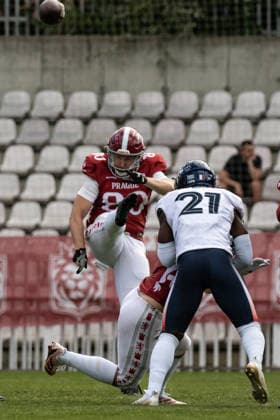 Marek Hrubon 80 54y kick, Prague Lions Prague Lions vs Paris Musketeers, American Football, EUROPEAN FOOTBALL ALLIANCE (EFA), Week 9, 2026, 11.07.2026 Praha MÄ›stskÃ½ Stadion Czechia Copyright: xM51x