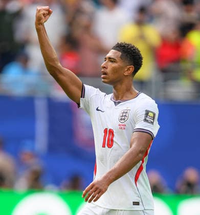 11 July 2026 - Norway v England - Miami Stadium- Quarter Final - 2026 World Cup - USA. 11 July 2026 - Norway v England - Miami Stadium- Quarter Final - 2026 World Cup - USA. Jude Bellingham celebrates his goal for England. Picture : Mark Pain MIAMI USA  Copyright: xMarkxPainx