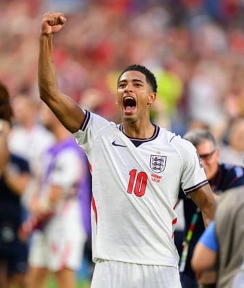 11 July 2026 - Norway v England - Miami Stadium- Quarter Final - 2026 World Cup - USA. 11 July 2026 - Norway v England - Miami Stadium- Quarter Final - 2026 World Cup - USA. Jude Bellingham celebrates victory at the final whistle. Picture : Mark Pain MIAMI USA  Copyright: xMarkxPainx