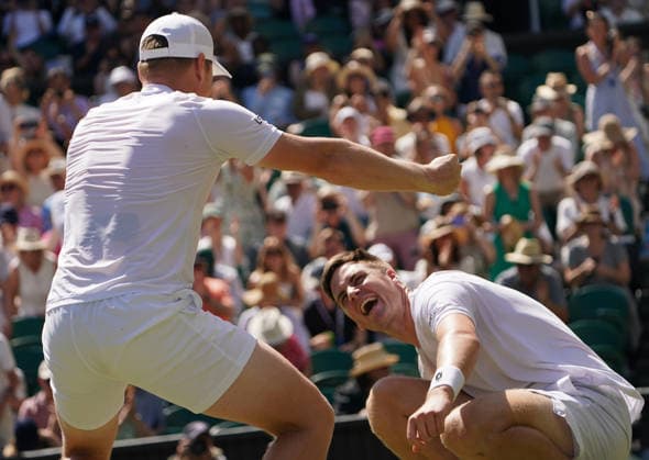 Tennis - 2026 Wimbledon Championships - Day Eleven (Week Two) - All England Lawn Tennis & Croquet Club, London - Saturday 11th July 2026 Mens Doubles Final : Henry Patten (GBR) and Harri Heliovaaran (FIN) v Marcelo Arevalo (ESA) and Mate Pavic (CRO) Henry Patten (GBR) and Harri Heliovaaran (FIN) celebrate winning match point COLORSPORT ANDREW COWIE 