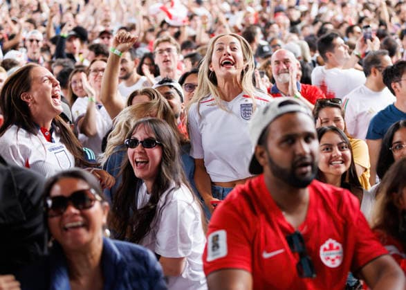 July 11, 2026, Vancouver, British Columbia, Canada: Supporters of England attend the FIFA Fan Festival Vancouver at PNE of the FIFA World Cup, WM, Weltmeisterschaft, Fussball 2026 Quarter Finals match between Norway and England. Vancouver Canada - ZUMAc132 20260711_fap_c132_001 Copyright: xAndrewxChinx