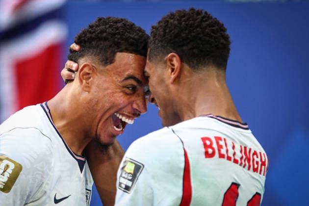 FIFA World Cup, WM, Weltmeisterschaft, Fussball 2026: Norway v England MIAMI, USA - 11th July 2026: Jude Bellingham of England celebrates scoring his side s second goal with team mate Morgan Rogers during the FIFA World Cup 2026 quarter-final match between Norway and England at Miami Stadium (Credit: Craig Mercer Alamy Live News) Miami Miami Stadium United States of America Copyright: xCraigxMercerx xPeakxActionxPhotosx