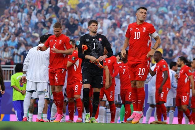 FIFA World Cup, WM, Weltmeisterschaft, Fussball 2026 quarterfinals - Argentina vs Switzerland Granit Xhaka (C), goalkeeper Gregor Kobel (C), and Nico Elvedi (L) of Switzerland ahead of the FIFA World Cup 2026 quarterfinals match Argentina vs Switzerland, in Kansas City, Missouri, USA, 11 July 2026. KANSAS CITY United States  Copyright: xCHRISTOPHERxNEUNDORFx