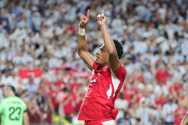 Dan Ndoye of Switzerland celebrates after scoring the team s first goal during a FIFA Men’s World Cup 2026 quarter-final football match between Argentina and Switzerland at Kansas City Stadium, in Kansas City on July 11th 2026 (Photo by Leo Barrilari SPP)  Copyright: xLeoxBarrilari SPPx Sportspressphoto_SPR189531