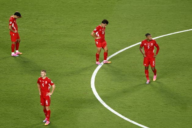 FIFA World Cup, WM, Weltmeisterschaft, Fussball 2026 quarterfinals - Argentina vs Switzerland Swiss players react after Argentina scored their third goal during the FIFA World Cup 2026 quarterfinals match Argentina vs Switzerland, in Kansas City, USA, 11 July 2026. KANSAS CITY United States  Copyright: xWILLxOLIVERx