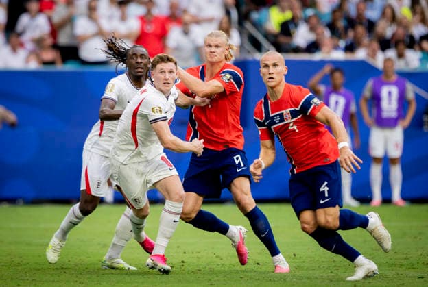 Miami, USA 11th Jul 2026. Elliot Anderson (ENG) Eberechi Eze (ENG) Erling Haaland (NOR) Leo Ostigard (NOR) Norway - England World Cup Norwegen - England 11.07.2026 *** Miami, USA, July 11, 2026 Elliot Anderson (ENG) Eberechi Eze (ENG) Erling Haaland (NOR) Leo Ostigard (NOR) Norway England World Cup Norway England July 11, 2026