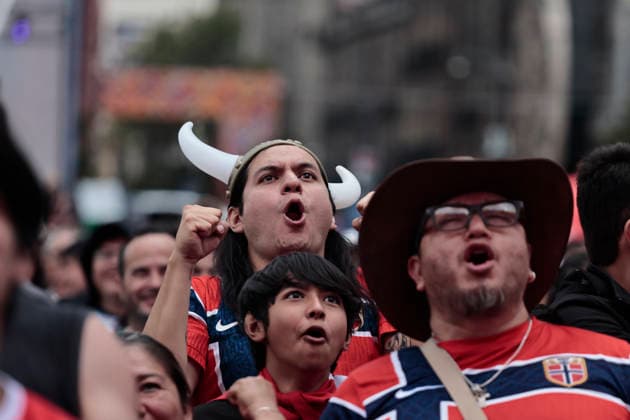July 11, 2026, Mexico City, Cdmx, Mexico: In a closely contested match between the England and Norway national teams, hundreds of Mexican fansÃ¢â‚¬supporters of the Vikings and their star player Erling HaalandÃ¢â‚¬had to accept the English team s victory; goals from Jude Bellingham knocked the Nordic side out of the 2026 FIFA World Cup, WM, Weltmeisterschaft, Fussball The Mexican fans arrived at the Fan Festival wearing the famous Vikings team jerseys, face paint, and flagsÃ¢â‚¬with some even sporting horned helmetsÃ¢â‚¬and they even performed a rowing motion in Mexico City s ZoÂ³calo. Norway Is Eliminated From The World Cup..  - ZUMAp204 0861356780st Copyright: xJosuexPerezx