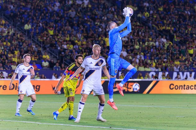 July 11, 2026, Carson, California, USA: Goalkeeper, Novak Micovic 1 of the LA Galaxy catches the ball during their International Friendly, Länderspiel, Nationalmannschaft game against Club America on Saturday July 11, 2026 at the Dignity Health Sports Park Stadium in Carson, California. Galaxy defeat America, 1-0. ARIANA RUIZ PI LA Galaxy Vs. Club America  - ZUMAp124 20260711_zaa_p124_033 Copyright: xArianaxRuizx