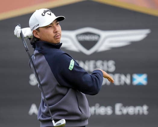 NORTH BERWICK, SCOTLAND - JULY 12: Min Woo Lee plays from the tenth tee during the delayed Round 3 of the Genesis Scottish Open at the Renaissance Club, North Berwick on July 12, 2026 in North Berwick, Scotland Genesis Scottish Open Round 3