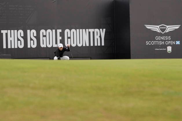 NORTH BERWICK, SCOTLAND - JULY 12: Keita Nakajima lines up a putt on the eighteenth green during the delayed Round 3 of the Genesis Scottish Open at the Renaissance Club, North Berwick on July 12, 2026 in North Berwick, Scotland Genesis Scottish Open Round 3