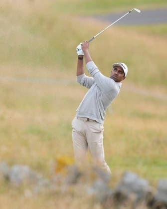 NORTH BERWICK, SCOTLAND - JULY 12: Sudarshan Yellamaraju plays from the eighteenth fairway during the delayed Round 3 of the Genesis Scottish Open at the Renaissance Club, North Berwick on July 12, 2026 in North Berwick, Scotland Genesis Scottish Open Round 3