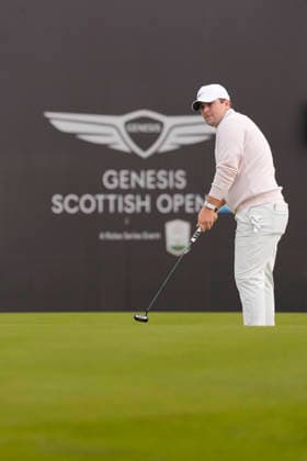 NORTH BERWICK, SCOTLAND - JULY 12: Chris Gotterup putts on the eighteenth green during the delayed Round 3 of the Genesis Scottish Open at the Renaissance Club, North Berwick on July 12, 2026 in North Berwick, Scotland Genesis Scottish Open Round 3
