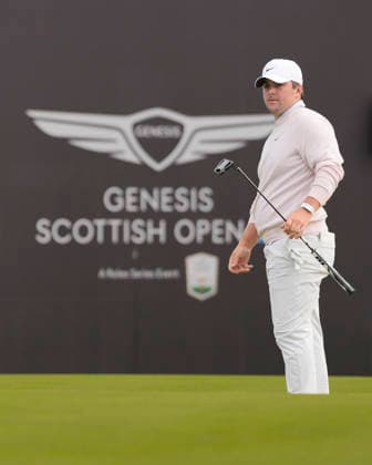 NORTH BERWICK, SCOTLAND - JULY 12: Chris Gotterup reacts to a missed putt on the eighteenth green during the delayed Round 3 of the Genesis Scottish Open at the Renaissance Club, North Berwick on July 12, 2026 in North Berwick, Scotland Genesis Scottish Open Round 3