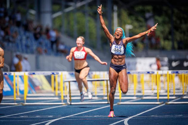 85. Deutsche Meisterschaften U20; Bochum, 12.07.2026 Daryl Ndasi (Munich Athletics) gewinnt über 100m Hürden; 85. Deutsche Meisterschaften U20 am 12.07.2026 im Lohrheidestadion, Bochum (Nordrhein-Westfalen) *** 85th German U20 Championships, Bochum, July 12, 2026: Daryl Ndasi of Munich Athletics wins the 100-meter hurdles at the 85th German U20 Championships on July 12, 2026, at Lohrheidestadion, Bochum, North Rhine-Westphalia Copyright: xBEAUTIFULxSPORTS B.Hoffmannx
