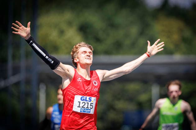 85. Deutsche Meisterschaften U20; Bochum, 12.07.2026 Marc Leonard Hildebrand (Dresdner SC 1898) gewinnt über die 110m Hürden und hatte im Halbfinale einen neuen deutschen U20-Rekord aufgestellt; 85. Deutsche Meisterschaften U20 am 12.07.2026 im Lohrheidestadion, Bochum (Nordrhein-Westfalen) *** 85 German U20 Championships, Bochum, July 12, 2026: Marc Leonard Hildebrand of Dresdner SC 1898 won the 110-meter hurdles and set a new German U20 record in the semifinals at the 85th German U20 Championships on July 12, 2026, at the Lohrheidestadion, Bochum, North Rhine-Westphalia Copyright: xBEAUTIFULxSPORTS B.Hoffmannx