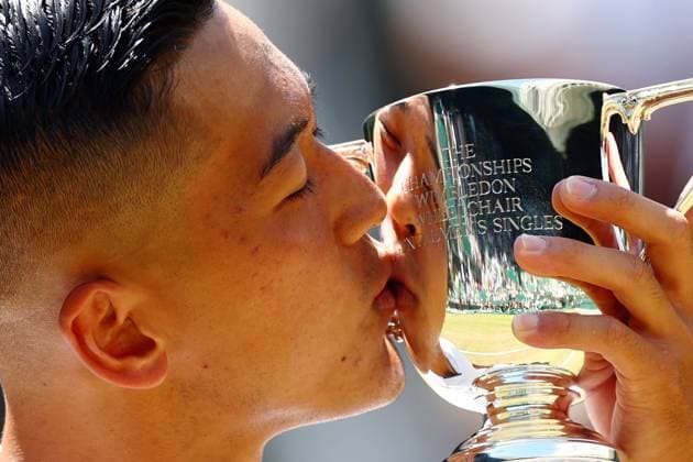Tokito Oda celebrates victory in the Gentlemen s Wheelchair Singles Final Wimbledon Tennis Championships, Day 14, The All England Lawn Tennis and Croquet Club, London, UK - 12 Jul 2026London The All England Lawn Tennis and United Kingdom  Copyright: xJamesxMarsh Shutterstockx 16981035r