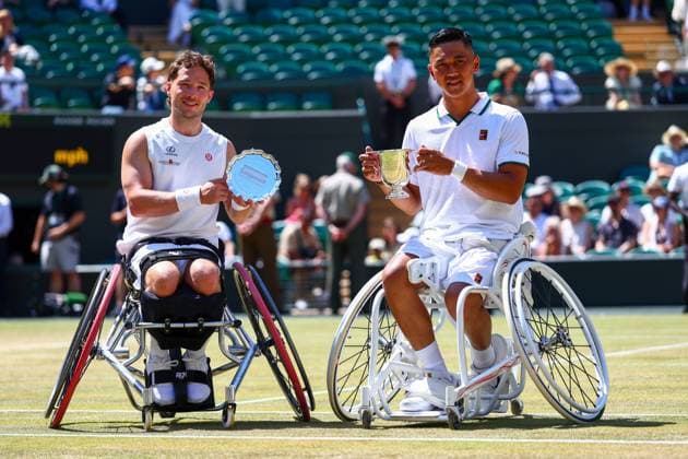Tokito Oda celebrates victory in the Gentlemen s Wheelchair Singles Final against Alfie Hewett Wimbledon Tennis Championships, Day 14, The All England Lawn Tennis and Croquet Club, London, UK - 12 Jul 2026London The All England Lawn Tennis and United Kingdom  Copyright: xJamesxMarsh Shutterstockx 16981035x