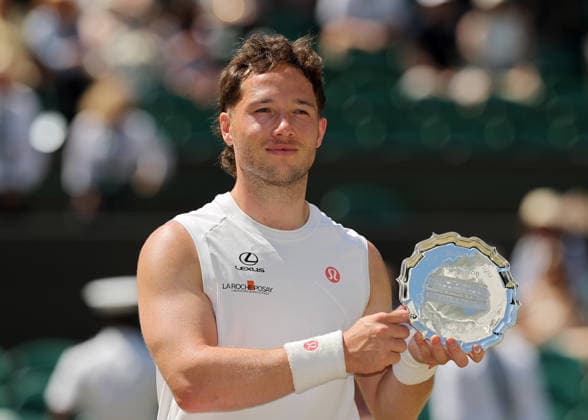 RECORD DATE NOT STATED 12th July 2026; All England Lawn Tennis and Croquet Club, London, England; Wimbledon Tennis Tournament, Final Day; Alfie Hewett (GBR) poses with the Gentlemens Wheelchair Single runners up plate after losing to Tokito Oda (JPN) JohnxPatrickxFletcher
