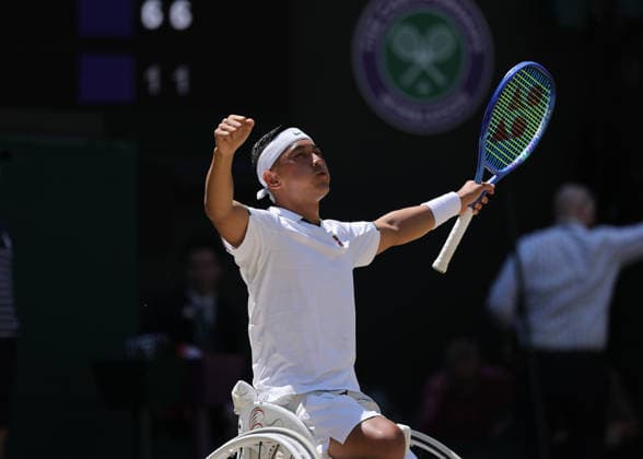 RECORD DATE NOT STATED 12th July 2026; All England Lawn Tennis and Croquet Club, London, England; Wimbledon Tennis Tournament, Final Day; Tokito Oda (JPN) celebrates after defeating Alfie Hewett (GBR) in the Gentlemens Wheelchair Single trophy final JohnxPatrickxFletcher