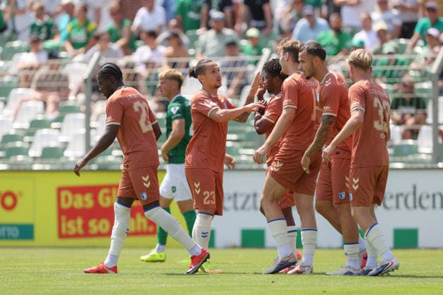 12.07.2026, xtgx, Fussball Testspiel, BSG Chemie Leipzig - 1. FC Magdeburg emspor, v.l. m29 Jubel, Torjubel, jubelt ueber das Tor, celebrate the goal, celebration (DFL DFB REGULATIONS PROHIBIT ANY USE OF PHOTOGRAPHS as IMAGE SEQUENCES and or QUASI-VIDEO) Leipzig *** July 12, 2026, xtgx, soccer exhibition match, BSG Chemie Leipzig vs. 1. FC Magdeburg emspor, from left to right: m29 celebrating, Goal celebration, celebrating the goal, DFL and DFB regulations prohibit any use of photographs as image sequences and or quasi-video. Leipzig
