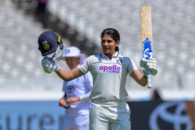 LONDON, ENGLAND JULY 12 - Yastika Bhatia of India celebrates scoring 100 runs becoming the first women to score 100 at Lords during Day 3 of the Rothesay Test Match game between England and India at Lord s Cricket Ground on July 12, 2026 in London , England . (Photo by Keeran Marquis Sports Press Photo)  Copyright: xKeeranxMarquis SPPx Sportspressphoto_SPR189825