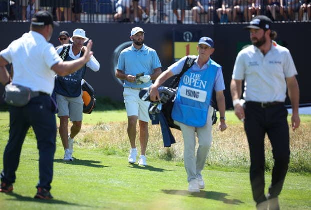 154th Open Golf Championships - Practise Day Scottie Scheffler of the USA (C) and Cameron Young of the USA (R) during practise day at the British Open Golf Championships at Royal Birkdale in Southport, Britain, 12 July 2026. SOUTHPORT UNITED KINGDOM  Copyright: xADAMxVAUGHANx