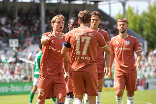 12.07.2026, xtgx, Fussball Testspiel, BSG Chemie Leipzig - 1. FC Magdeburg emspor, v.l. Pierre Nadjombe (Magdeburg, 28) Jubel, Torjubel, jubelt ueber das Tor, celebrate the goal, celebration (DFL DFB REGULATIONS PROHIBIT ANY USE OF PHOTOGRAPHS as IMAGE SEQUENCES and or QUASI-VIDEO) Leipzig *** July 12, 2026, xtgx, soccer friendly, BSG Chemie Leipzig vs. 1. FC Magdeburg emspor, from left: Pierre Nadjombe (Magdeburg), 28, cheering, Goal celebration, celebrating the goal, DFL and DFB regulations prohibit any use of photographs as image sequences and or quasi-video, Leipzig