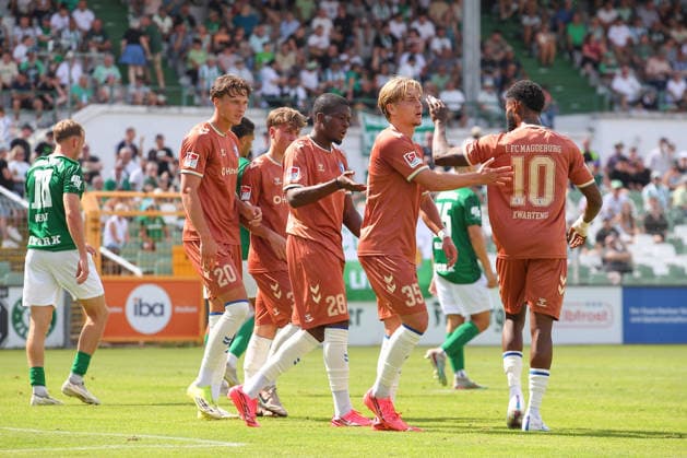 12.07.2026, xtgx, Fussball Testspiel, BSG Chemie Leipzig - 1. FC Magdeburg emspor, v.l. Pierre Nadjombe (Magdeburg, 28) Jubel, Torjubel, jubelt ueber das Tor, celebrate the goal, celebration (DFL DFB REGULATIONS PROHIBIT ANY USE OF PHOTOGRAPHS as IMAGE SEQUENCES and or QUASI-VIDEO) Leipzig *** July 12, 2026, xtgx, soccer friendly, BSG Chemie Leipzig vs. 1. FC Magdeburg emspor, from left: Pierre Nadjombe (Magdeburg), 28, cheering, Goal celebration, celebrating the goal, DFL and DFB regulations prohibit any use of photographs as image sequences and or quasi-video, Leipzig