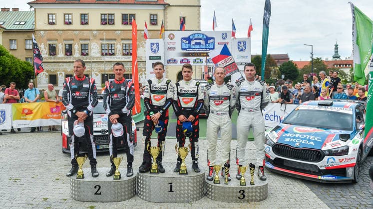 Bohemia Rally, the fourth round of the Czech Rally Championship, in Mlada Boleslav, Czech Republic, on July 12, 2026. From left: Radovan Bucha, Filip Mares, Ondrej Krajca, Dominik Stritesky, Jiri Hovorka, Jan Kopecky on the podium. (CTKxPhoto VitxCerny) CTKPhotoP2026071204126  CTKPhotoP2026071204126