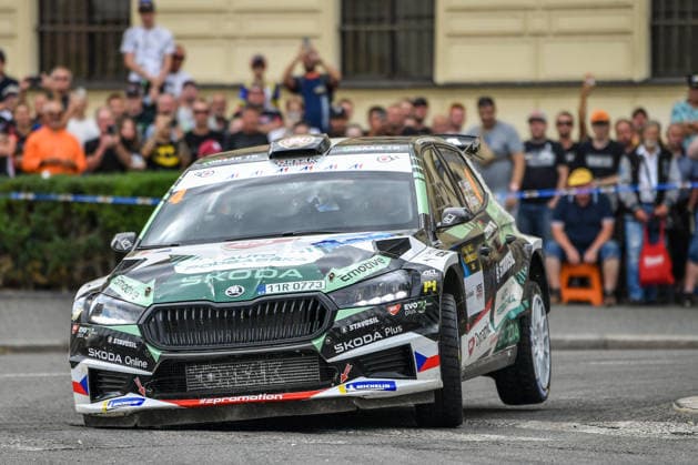 Bohemia Rally, the fourth round of the Czech Rally Championship, in Mlada Boleslav, Czech Republic, on July 12, 2026. Pilot Dominik Stritesky and co-driver Ondrej Krajca from the Auto Podbabska Skoda Team RC2 with the Skoda Fabia RS Rally2. (CTKxPhoto VitxCerny) CTKPhotoP2026071204149  CTKPhotoP2026071204149