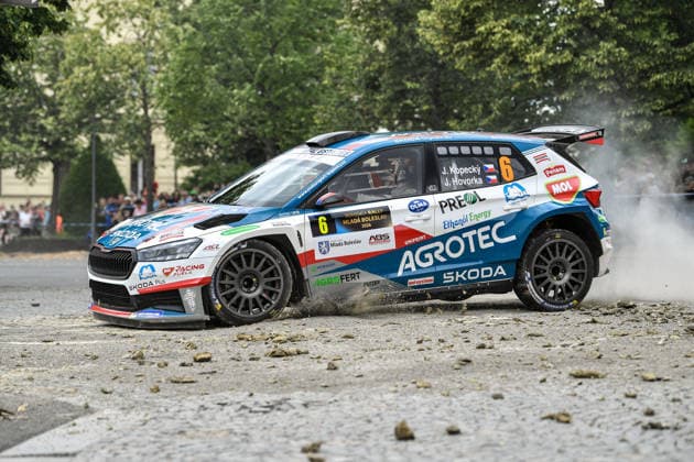 Bohemia Rally, the fourth round of the Czech Rally Championship, in Mlada Boleslav, Czech Republic, on July 12, 2026. Pilot Jan Kopecky and co-driver Jiri Hovorka from the Agrotec Skoda Rally Team RC2 with the Skoda Fabia RS Rally2. (CTKxPhoto VitxCerny) CTKPhotoP2026071204164  CTKPhotoP2026071204164
