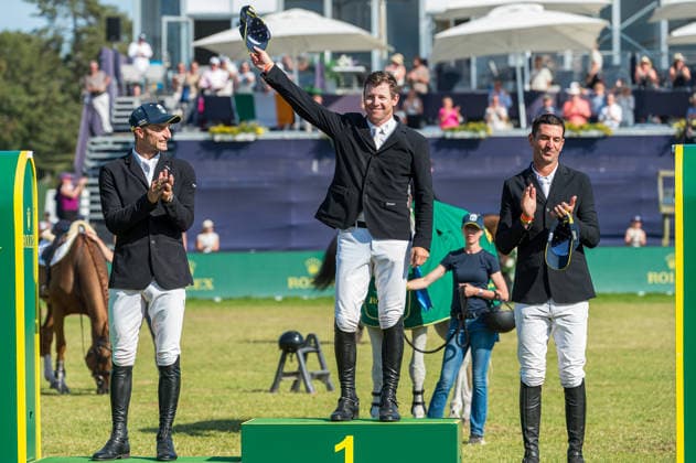 260712 Richard Vogel of Germany second place, Shane Sweetnam of Ireland winner and Steve Guerdat of Switzerland on third place in Rolex Grand Prix during the Falsterbo Horse Show on July 12, 2026 in Falsterbo. Photo: Christian Örnberg BILDBYRAN COP 166 CO0712 ridsport equestrian falsterbo horse show ridsportlaget bbeng rolex grand prix *** July 12, 2026: Richard Vogel of Germany took second place, Shane Sweetnam of Ireland won, and Steve Guerdat of Switzerland placed third in the Rolex Grand Prix during the Falsterbo Horse Show on July 12, 2026 in Falsterbo. Photo by Christian Örnberg, BILDBYRAN COP 166 CO0712 equestrian sports Falsterbo Horse Show Ridsportlaget BBENG Rolex Grand Prix  Copyright: CHRISTIANxÖRNBERG BB260712CO193