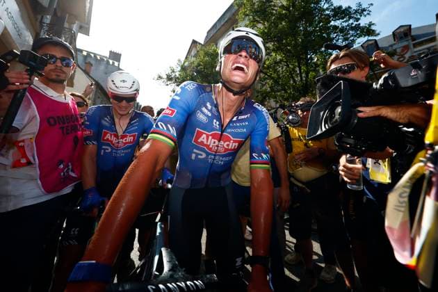 Tour de France 2026 Stage 9 USSEL, FRANCE - JULY 12 : Van Der Poel Mathieu (NED) of Alpecin - Premier Tech celebrates the victory after stage 9 of the 113rd edition of Tour de France an UCI World Tour 2.UWT cycling road race stage for Men Elite of 185 km with start in Malemort and finish in Ussel on July 12, 2026 in Ussel, France, 12 07 2026 ( Motordriver Kurt Vandenborre - Ussel France  Copyright: xLucaxBettinix