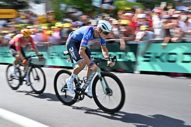 Dutch Mathieu van der Poel of Alpecin-Premier Tech and pictured as he crosses the finish line of the stage 9 of the 2026 Tour de France cycling race, a stage of 185km from Malemort to Ussel, on Sunday 12 July 2026. The 113th edition of the Tour de France starts on Saturday 4 July in Barcelona, Spain, and will finish in Paris, France on the 26th of July. JASPERxJACOBS  x181002575x