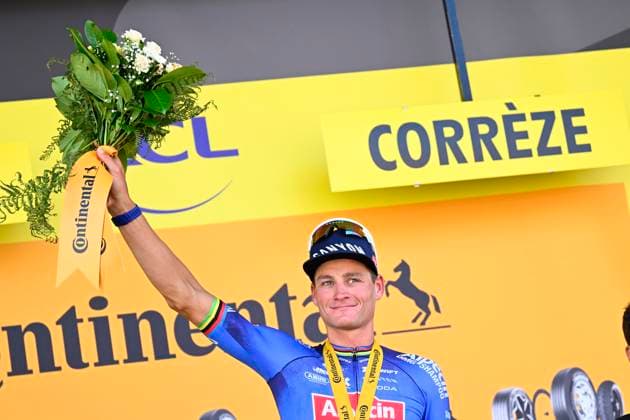 Tour de France 2026 Stage 9 USSEL, FRANCE - JULY 12 : Van Der Poel Mathieu (NED) of Alpecin - Premier Tech pictured during the podium ceremony of stage 9 of the 113rd edition of Tour de France an UCI World Tour 2.UWT cycling road race stage for Men Elite of 185 km with start in Malemort and finish in Ussel on July 12, 2026 in Ussel, France, 12 07 2026 Ussel France  Copyright: xTomasxSiskx